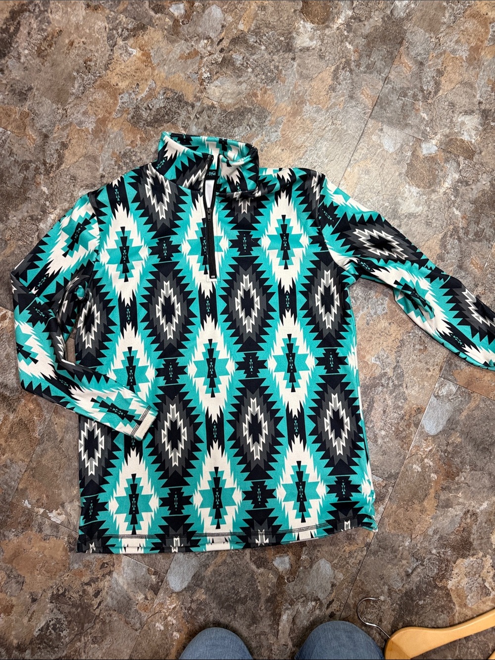 Sterling Kreek Turquoise Black Aztec-Print Quarter-Zip Womens 1/4 zip shirt